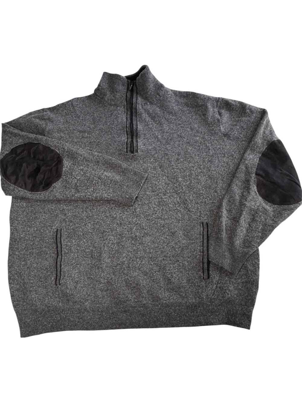 Claiborne Mens 2XL Merino Wool Blend Quarter Zip Sweater Elbow Patches Gray